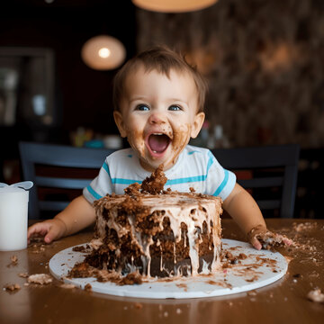 Photo of a baby's first taste of birthday cake, captured with a wide-angle lens Generative AI