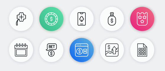 Set line Online poker table game, Lottery ticket, Calendar, Financial growth increase, Money bag, and Casino chip with dollar icon. Vector