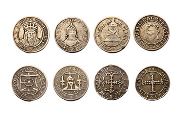 Medieval ancient gold coins on white transparent background