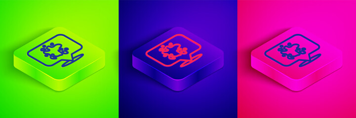 Isometric line Paint spray icon isolated on green, blue and pink background. Square button. Vector