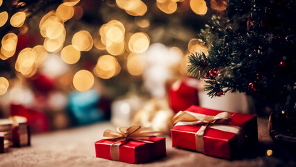 Eleganti Scatole Regalo Natalizie sotto l'Albero con Auguri di Buon Natale e Felice Anno Nuovo