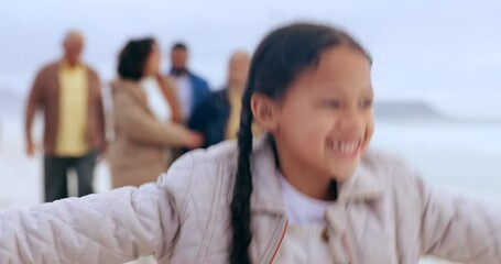 Big family on beach playing with parents, child and grandparents, fun bonding and laughing together on vacation. Ocean, holiday and men, women and excited girl walking with smile, sea and nature.