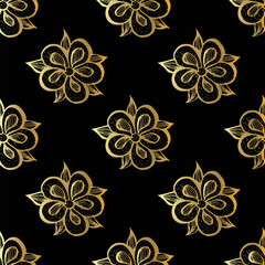 Fototapeta premium Floral seamless pattern. Texture for design of packaging, textiles, wallpaper, wrapping paper, cover. Elegant gold on black background