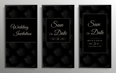 Naklejka premium Wedding invitation design. Set of elegant card templates with graphic floral patterns. Vector illustration.