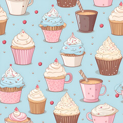 seamless pattern with cupcake,pink,heart,party,cherry,cartoon,candy,decoration,Ai generated 