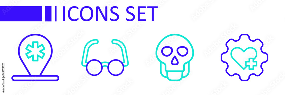 Wall mural Set line Heart with cross, Skull, Glasses and Location hospital icon. Vector