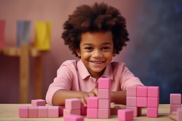 Child plays with colorful building blocks in his living room