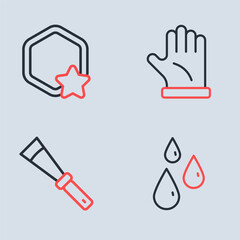 Set line Beekeeper glove, Beekeeping knife, Drops of honey and Honeycomb icon. Vector