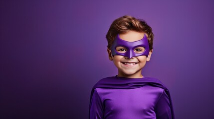 A young boy wearing a superhero costume stands in a triumphant pose - obrazy, fototapety, plakaty