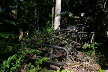 Auto todo terreno abandonado en la selva. oxidado, auto abandonado, viejo.