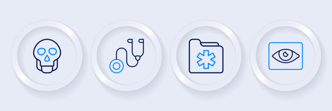 Set line Red eye effect, Medical health record folder, Stethoscope and Skull icon. Vector