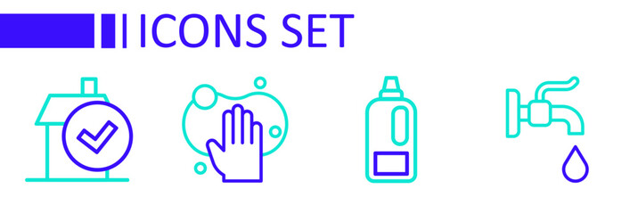 Set line Water tap, Bottle for detergent, Sponge and Home cleaning service icon. Vector