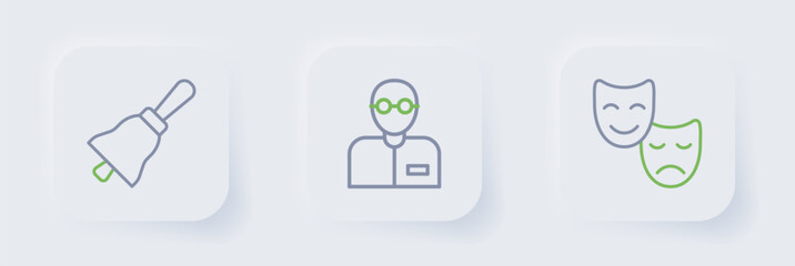 Set line Comedy and tragedy masks, Teacher and Ringing bell icon. Vector