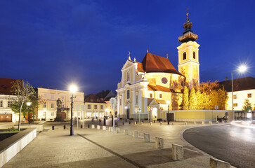 Hungary city Gyor,  Carmelite Church at night