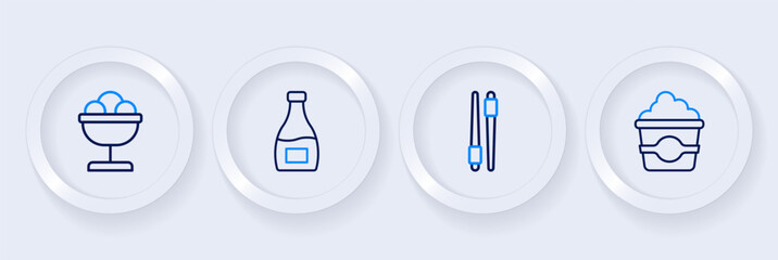 Set line Popcorn in cardboard box, Food chopsticks, Sauce bottle and Ice cream the bowl icon. Vector