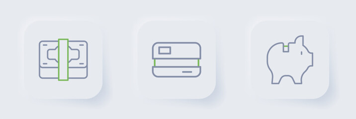 Set line Piggy bank, Credit card and Stacks paper money cash icon. Vector
