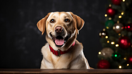 Studio protrait full body of Cute Labrador Retriever in cute Christmas's hat and shirt wearing. Background in red and green theme color has Christmas ornaments decoration behind.