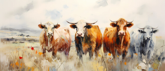 cattle silhoutte with rustic colors, white background, texture painting with oil brush stroke, palette knife paint on canvas - obrazy, fototapety, plakaty
