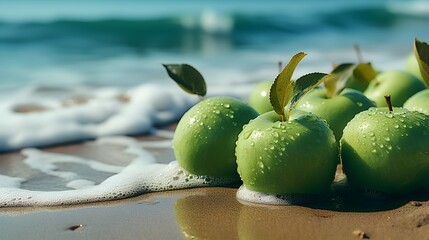 fresh green apple fruit on the beach sand background