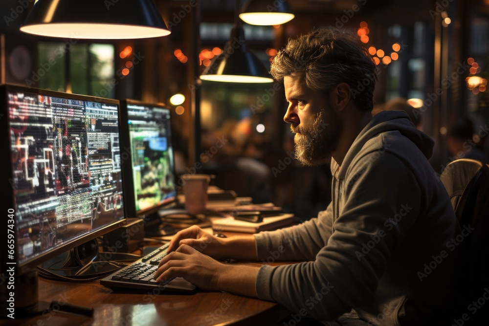 Poster it specialist sits in dark office and looks at several monitors with his hands on the keyboard. youn