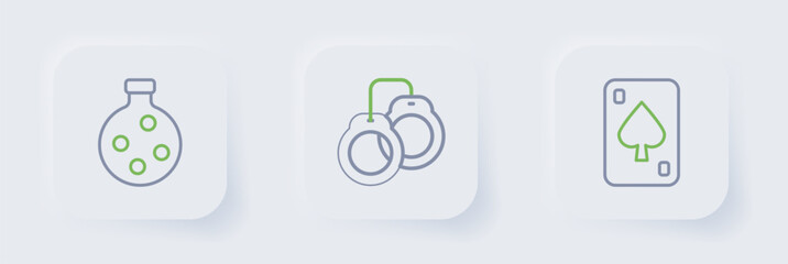 Set line Playing cards, Handcuffs and Bottle with potion icon. Vector