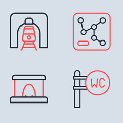 Set line Railway map, tunnel, Toilet and Train in railway icon. Vector