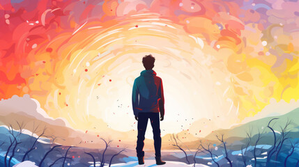 Silhouette of a person in the sun with rainbow