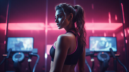 Portrait of female fitness model in gym, generated with ai
