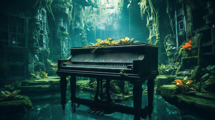Old piano in green forest, generated with ai