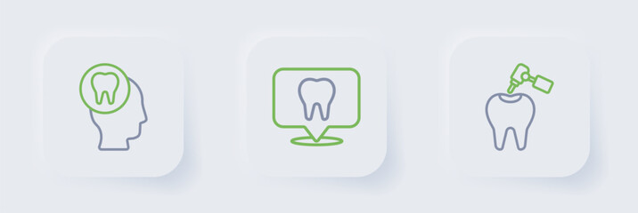 Set line Tooth with caries and drill, Dental clinic location and Toothache icon. Vector