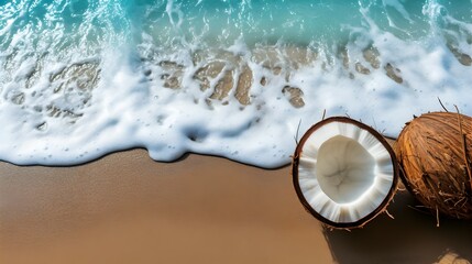 slices of fresh coconut fruit on the beach sand background