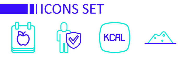 Set line Salt, Kcal, Healthy lifestyle and Diet plan icon. Vector