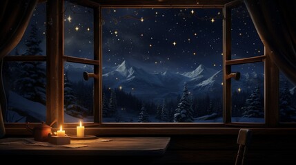 A serene winter night, with a blanket of stars overhead and the soft glow of a candle-lit window in a rustic cabin.