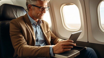 Middle-aged White Male Businessman Working on an Airplane