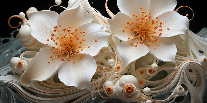 Sch&ouml;ner abstrakter futuristischer Hintergrund in wei&szlig;en Kugeln mit Blumen f&uuml;r Webdesign und Drucksachen als Vorlage im Querformat f&uuml;r Banner, ai generativ