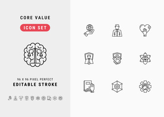 Core Value Includes Social Responsibility, Ethics, Honesty, Integrity and Commitment. Line Icons Set. Editable Stroke Vector Stock. 96 x 96 Pixel Perfect.