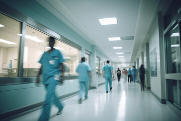 vue en contre-plongée d'un couloir d’hôpital très fréquenté où le personnel médical se croise avec des effets de flou de mouvement - obrazy, fototapety, plakaty