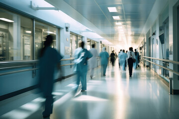 vue en contre-plongée d'un couloir d’hôpital très fréquenté où le personnel médical se croise avec des effets de flou de mouvement - obrazy, fototapety, plakaty