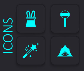 Set Circus tent, Magician hat and rabbit ears, Lollipop and wand icon. Black square button. Vector