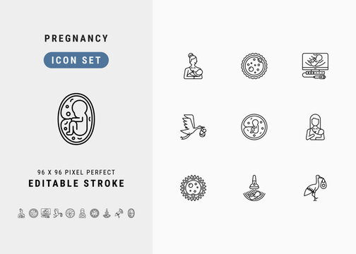 Pregnancy Includes Breastfeeding, Ovum, Ultrasound, Stork and Fetus. Line Icons Set. Editable Stroke Vector Stock. 96 x 96 Pixel Perfect.