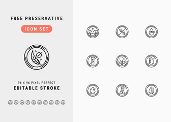 Free Preservative Formula Includes Anti Dandruff, No Artificial Color, Ph Balance, Paraben Free and Hypoallergenic. Line Icons Set. Editable Stroke Vector Stock. 96 x 96 Pixel Perfect.