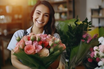 Fototapeta na wymiar florist making bouquet ,smiling florist woman making bunch at flower shop,Generative Ai