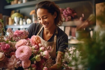  florist making bouquet ,smiling florist woman making bunch at flower shop,Generative Ai - obrazy, fototapety, plakaty