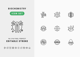 Biochemistry Includes Peptide, Amino Acid, Antibody, Gene and Protein. Line Icons Set. Editable Stroke Vector Stock. 96 x 96 Pixel Perfect.
