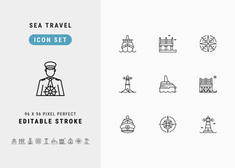 Sea Travel Includes Cruise Liner, Pier, Ship Captain, Wind Rose and Lighthouse. Line Icons Set. Editable Stroke Vector Stock. 96 x 96 Pixel Perfect.