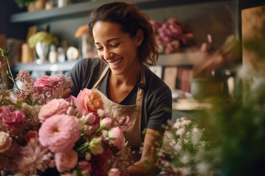  florist making bouquet ,smiling florist woman making bunch at flower shop,Generative Ai
