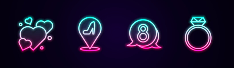 Set line Heart, Woman shoe, 8 March in speech bubble and Diamond engagement ring. Glowing neon icon. Vector