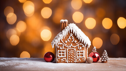 Handmade christmas gingerbread house on table over lights blurred backdrop background.