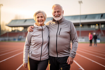 Mature senior couple running together in the park stadium looking at each other while jogging slimming exercises.