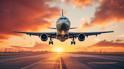 Passenger airplane taking off at sunset - obrazy, fototapety, plakaty